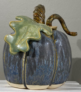 Small Pumpkin with Blue Glaze and Green Leaf GBB
